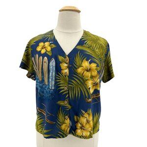 Vintage Diamond Head Sportswear Womens XL Top Hawaiian Floral Palm Leaf V-Neck